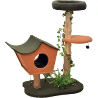 Fudajo kraboom met plantendecoratie, 114 cm. Kraboom voor katten met pluche en berkenhout, kattenhuis met speeltjes, kattenmeubel met plateaus