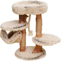 Fudajo kraboom met hout en pluche, 87,5 cm hoog. Design kraboom voor katten, gemaakt van berkenhout. Kraboom met hangmat. Kattenmeubel met ligplaats