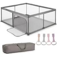 Sun baby Kinderbox met roze handvat 150x200 cm 0-2 jaar Grijs, polyester, netwanden, ingang met rits, antislipvoetjes, draagtas inbegrepen, metalen frame