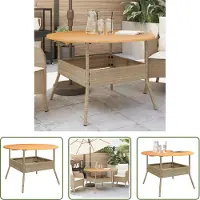 The Living Store De Living Store tuintafel met houten blad, beige, Ø 110x71 cm, van polyrotan