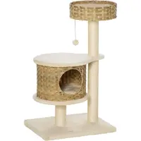 Youjia Kratzboom van riet met kattenhol en bal speelgoed, krabpaal voor kleine katten, natuurlijke en beige kleuren, natuurlijke materialen, 55 cm
