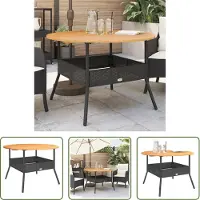 The Living Store De Living Store tuintafel met houten blad, zwart, Ø110x71 cm, van polyrotan