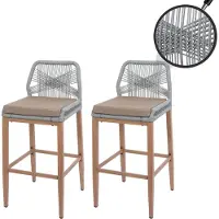 Mendler Set van 2 Touw barkrukken -O21, buiten zitkussen touw vlechtwerk metaal hout-look ~ lichtgrijs, kussen taupe