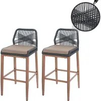 Mendler Set van 2 Touw barkrukken -O21, buiten zitkussen touw vlechtwerk metaal hout-look ~ antraciet, kussen taupe