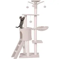 Costway Kraboom, 140 cm, kattenboom met plateaus, kattenhol, speelbal, ladder, sisalpalen & mand, kattenmeubel, activiteitencentrum, beige