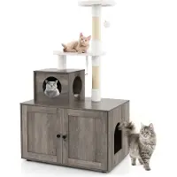 Costway Kraboom met kattenkast, alles-in-één kattenhuis, kraboom met ingang, hol, sisalstengel en speelbal, 77,5x49x132cm, grijs