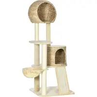 Fortuna Lai Krabbenhuis voor katten, met kattenhuis van riet, meerdere plateaus, hangmat en hellingbaan, antislipbehandeling, bekleed met pluche, beige, 60 x 60 x 150 cm