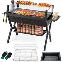 Costway houtskoolgrill met kruidenrekken, opbergruimte, windscherm en handschoenen, geschikt voor kamperen, barbecue