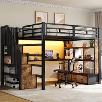 OKWISH hoogslaper 140x200, multifunctioneel met bureau en geïntegreerde planken, bed voor tieners met trap, opbergruimte en 2 lades, eenpersoonsbed met LED-verlichting, zwart (inclusief matras)