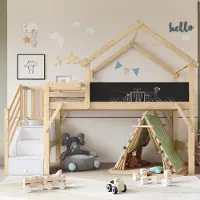 Sweiko etagesbed, kinderbed met valbeveiliging en spijlen, uniek dakontwerp, schilderbaar bord, met 3 afsluitbare vakken in de trap, grenen+MDF+multiplex, wit+naturel, 90x200 cm