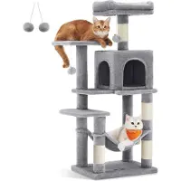 Feandrea Kraboom, 112 cm hoog, kattenboom, meerlaags kattenhuis, met 4 krabpalen, 2 plateaus, een hangmat, een holletje, lichtgrijs