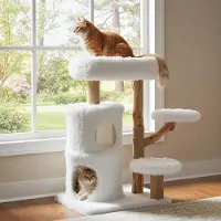 Costway Kraboom van hout, 93 cm hoog, kattenboom met zachte pluche plateaus, kattenhol met 2 verdiepingen, krabpalen van jute en sisal touw, wit
