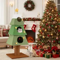 Costway Kraboom voor Kerst, 162 cm, kattenboom met dikke stam, 3 kattenholletjes, grote basis, ster en ballen, kattenmeubel, kerstboom, groen