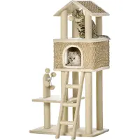 Youjia Kratzboom "Großer Katzenbaum", 130 cm hoog, met kattenhol en speeltjes, jute stammen, kleur kaki en beige, spaanplaat bekleed met pluche, kleur kaki, 69 cm