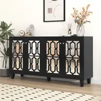 Fortuna Lai dressoir met 4 lades, met spiegels, sideboard met spiegelfront en geometrisch rasterpatroon, servieskast met veel opbergruimte, B/H/D: 160/84/40 cm (zwart)