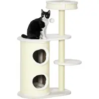 Youjia Kartonnen krabpaal met krabzuil, 1 kattenmandje en kattenspeelgoed, 59 cm x 35 cm x 100 cm, crèmekleurig
