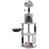 Costway Kraboom 144cm, meerlaags klimboom met sisalpalen, krabbord, kattenhuis, pluche platform, hangspeelgoed, hangmat en slaapplek