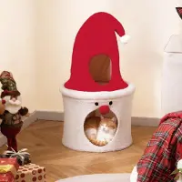 Costway Kattenholte Kerst, kattenhuis met bekleed ligvlak en pluche kussens, kattenbed, kattenmeubilair, 40 x 40 x 75 cm, rood+wit