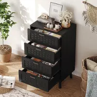 UnboxG Zwarte commode met 4 lades en imitatie rieten details, 55x40x95cm, commode in boho-stijl met anti-omvalbeveiliging, geschikt voor slaapkamer en hal