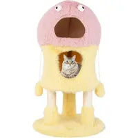 Costway Kraboom Klein, 93 cm hoog, met een monster-thema, kattenboom met 2 kattenholletjes, sisal krabpalen en een bal, kattenmeubel van hout, roze, geel