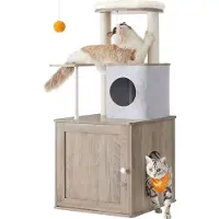 Feandrea Greige kattenhuis, kattenkast, kattenbakmeubel, 2-in-1 moderne krabpaal, 118 cm hoog, 2 krabpalen, knus holletje
