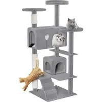 JOIEYOU Kraboom voor katten, groot model, 49 x 49 x 130 cm, XXL kattenboom met sisalpalen en kattenhol, antislip, grijs. Actieve krabpalen voor meerdere katten, model K1254