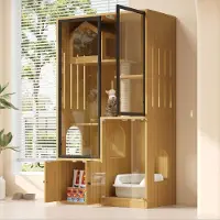Flieks Hoge kast van Fliek met kattenhuis en krabpaal, kattenvilla met lades, huisdierenmeubelset, kattenkooi met glazen deuren, geel