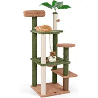 Costway 152 cm kraboom, kattenboom van hout met plateaus, sisalpalen, speelkoord, speelgoed, slaapplek, borstel voor vachtverzorging en kunstplant, groen-bruin