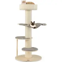 Costway Kraboom 120cm, hout, kattenboom met hangmat, 3 plateaus, sisalmat en krabpaal. Klein kattenmeubel, klimboom, grijs, natuurlijke kleur