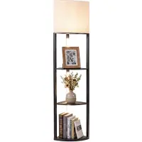 Costway 3-traps staande lamp met planken, houten staande lamp met dimbare LED-verlichting, linnen lampenkap en voetpedaal, moderne vloerlamp, driehoekig design