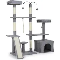 Costway 136 cm Kraboom, kattenboom met kattenhol, helling, 2 ligplaatsen, touw, bal en sisaltouwen, krabpaal, klimboom (lichtgrijs)