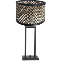Steinhauer Zwarte tafellamp Stang 3703ZW met draai schakelaar en naturel / zwart bamboe kap