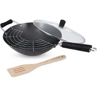 Ken Hom wokset, 4-delig. Koolstofstaal met antiaanbaklaag. Handgreep van fenolhars. Diameter: 31 cm