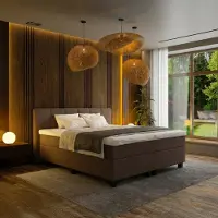 Mörgenn Boxspring Madrid - Pocketvering - 6-Baans Hoofdbord - Bruin - 160x210 cm - Inclusief Dekbed en Kussens