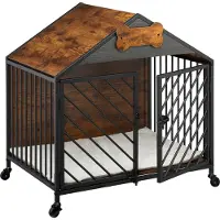 Relaxdays hondenkooi voor thuisgebruik, industriële stijl, afmetingen BxHxD 73x70x53 cm, hondenmeubel met wielen, kennel, materiaal: MDF, staal, kleur: bruin/zwart