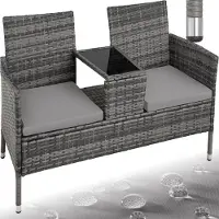 TecTake - wicker tuinbank met tafel, 2-zitsbank, 131 x 61 x 82 cm, bank voor tuinbalkon en terras, tuinbank inclusief zitkussen - grijs/lichtgrijs - poly-rattan
