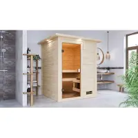 Karibu | Sandra Sauna met Dakkraag | Biokachel 3,6 kW Externe Bediening