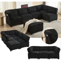 STILVORA Sectiesofa, groot sofa, U-vorm/L-vorm/6-zits, relaxsofa met opbergzakken, houten en metalen frame, zwart