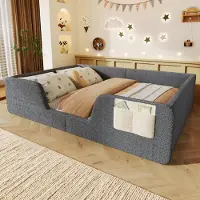 Flieks gestoffeerd bed 140x190 cm met lattenbodem, kinderbed met valbeveiliging, slaapbank met afneembare armleuningen en rugleuning, vloerbed van fluweel, grijs