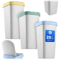Kadax afvalbak 25 L, wit, 3 stuks, afvalverzamelaar met klapdeksel, afvalbak voor afvalscheiding (groen, geel, blauw, bruin)