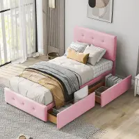 MODFU Kinderbed, houten bed 90x200 cm met 2 lades, gestoffeerd enkelbed met lattenbodem, massief houten kinderbed, roze (zonder matras)