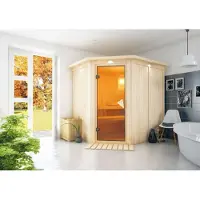 Karibu | Lilja Sauna met Dakkraag | Bronzeglas Deur | Kachel 3,6 kW Externe Bediening