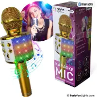 Partyfunlights - Karaoke Microfoon Bluetooth - Goud - Karaoke Set - Voor Kinderen en Volwassenen - Draadloos - Echo - Met Speaker - LED Licht - Nederlandse Handleiding