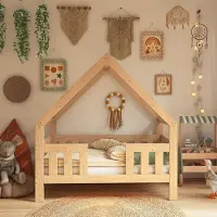 Need Sleep – Houten Montessori Huisbed 90x180 cm – Peuterbed met Dak en Valbeveiliging – Naturel Massief Hout