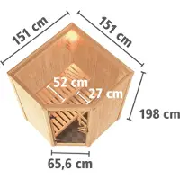 Karibu Sauna, binnensauna, model Nanja. Hoekinloop zonder accessoires. Afmetingen: 151x151x198 cm. Zonder daklijst. Met deur met bronzen afwerking