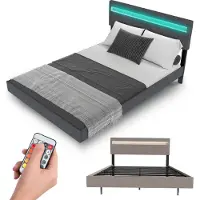 Juskys Zwevend bed Lissabon - 140x200cm - Kunstleer - Incl. LED - Donkergrijs