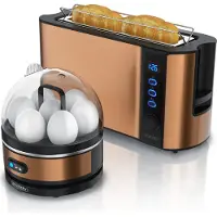 Arendo ontbijtset, 2-delig, inclusief:* Langslottooster FRUKOST, 2 sleuven, 1000W, met display.* Eierkoker SEVENCOOK voor 7 eieren, 400W.* Broodjesaccessoire.* Keukengadgets in koperkleur