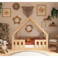 Need Sleep – Kinderbed 70x140 cm – Montessori Peuterbed met Hoge Railing – Massief Houten Huisbed – Naturel