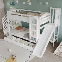 STILVORA Stapelbed 90x200cm – Met Glijbaan En Trapkast Met Opbergruimte – Boekenkast En 2 Lade – Zonder Matras – Kinderkamer – Massief Hout En MDF – Wit