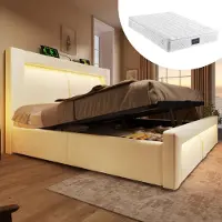 OKWISH Tweepersoonsbed Met Opbergruimte - LED En USB C Opladen - Inclusief Matras - Fluweel Beige - 140 x 200 cm
